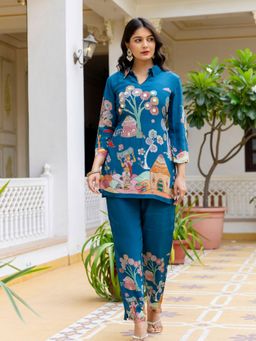 KAFTANIZE - Peacock Blue Printed with Embellished Co-Ord Set