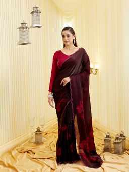 Kasee - Women Maroon Embellished Super Net Saree with Unstitched Blouse