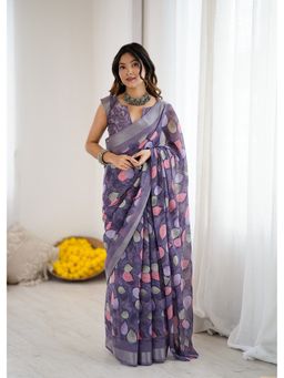 Anjaneya Sarees - Purple Printed Designer Saree with Unstitched Blouse