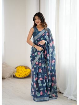 Anjaneya Sarees - Navy Blue Printed Designer Saree with Unstitched Blouse