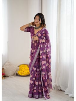 Anjaneya Sarees - Purple Printed Designer Saree with Unstitched Blouse