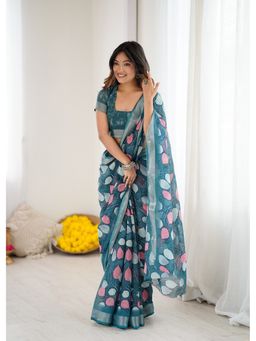 Anjaneya Sarees - Teal Printed Designer Saree with Unstitched Blouse
