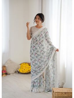 Anjaneya Sarees - Grey Floral Printed Designer Saree with Unstitched Blouse