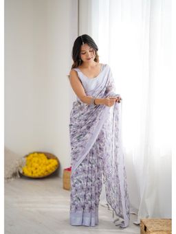 Anjaneya Sarees - Purple Floral Printed Designer Saree with Unstitched Blouse