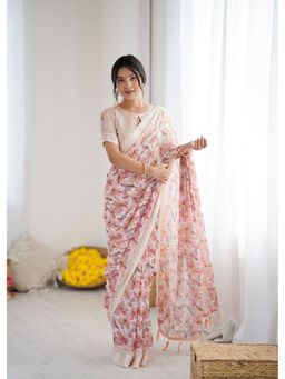 Anjaneya Sarees - Peach Floral Printed Designer Saree with Unstitched Blouse
