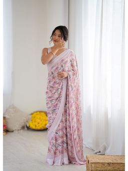 Anjaneya Sarees - Pink Floral Printed Designer Saree with Unstitched Blouse