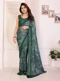 Anjaneya Sarees - Green Abstract Printed Designer Saree with Unstitched Blouse