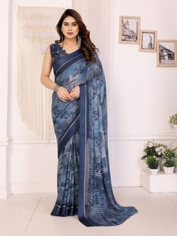Anjaneya Sarees - Navy Blue Abstract Printed Designer Saree with Unstitched Blouse
