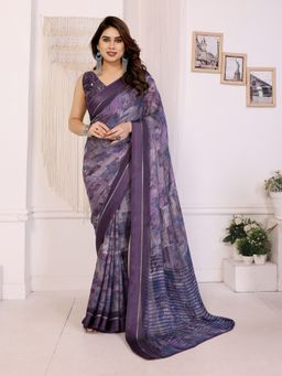 Anjaneya Sarees - Purple Abstract Printed Designer Saree with Unstitched Blouse