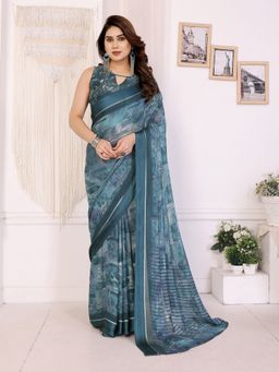 Anjaneya Sarees - Teal Abstract Printed Designer Saree with Unstitched Blouse