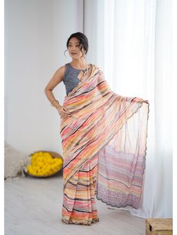 Anjaneya Sarees - Orange Printed Designer Saree with Unstitched Blouse