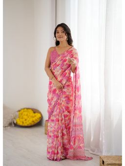 Anjaneya Sarees - Pink Printed Designer Saree with Unstitched Blouse