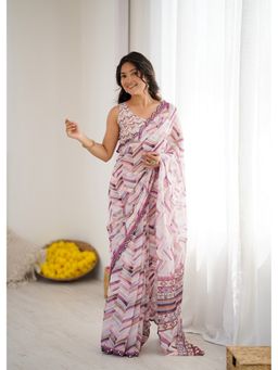 Anjaneya Sarees - White Printed Designer Saree with Unstitched Blouse