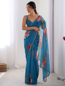 Anjaneya Sarees - Blue Floral Printed Designer Saree with Unstitched Blouse
