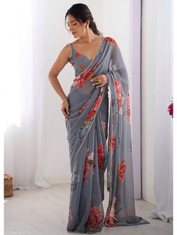 Anjaneya Sarees - Grey Floral Printed Designer Saree with Unstitched Blouse