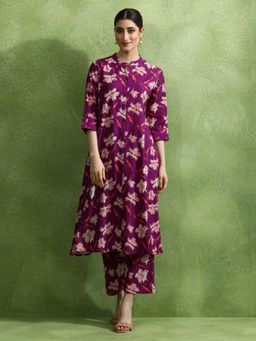 Jaipur Kurti - Purple Floral Printed A-Line Kurta with Pant