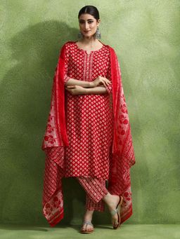 Jaipur Kurti - Floral Red Printed Straight Kurta with Pant