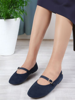 ELLE - Navy Blue Women's Comfortable Buckled Mary Jane Ballerina