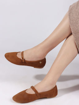 ELLE - Tan Women's Comfortable Buckled Mary Jane Ballerina