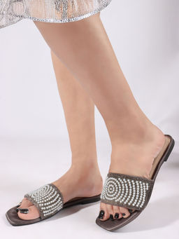 ELLE - Grey Stylish Women's Casual Pearl Bead Slide Flats