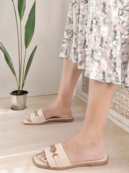 ELLE - Cream Women's Chic Neutral Slip-On Flats with Embellishment