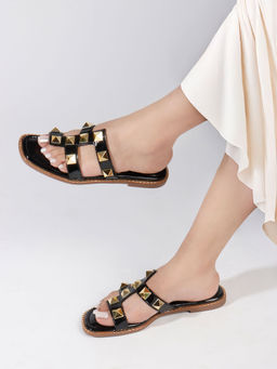 ELLE - Black Women's Studded Slip-On Flats