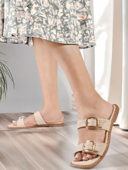 ELLE - Beige Women's Double-Strap Buckle Flats