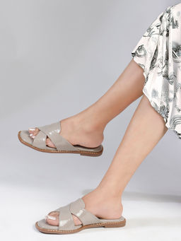 ELLE - Grey Women's Glossy Cross-Strap Slip-On Flats