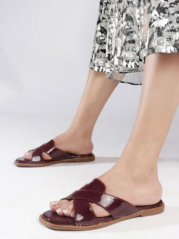 ELLE - Wine Women's Glossy Cross-Strap Slip-On Flats