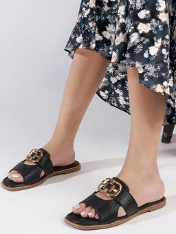 ELLE - Black Women's Textured Slip-On Flats with Metallic Accent