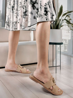 ELLE - Taupe Women's Textured Slip-On Flats with Metallic Accent