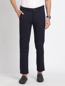 Turtle - Men Cotton Stretch Textured Slim Fit Navy Blue Casual Trouser