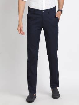 Turtle - Men Terry Rayon Textured Slim Fit Navy Blue Casual Trouser