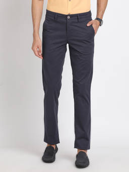 Turtle - Men Cotton Stretch Solid Super Slim Fit Navy Blue Casual Trouser