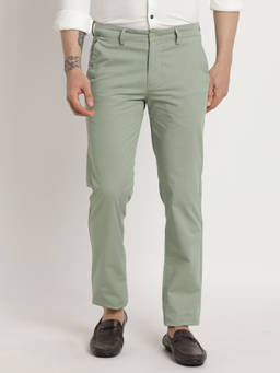 Turtle - Men Cotton Stretch Solid Super Slim Fit Pista Green Casual Trouser