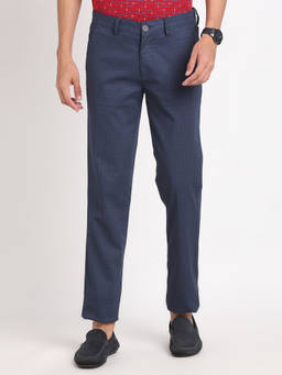 Turtle - Men Cotton Stretch Checkered Regular Fit Blue Casual Trouser