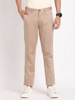 Turtle - Men Cotton Stretch Textured Regular Fit Dark Beige Casual Trouser