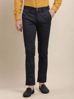 Turtle - Men Cotton Stretch Solid Super Slim Fit Navy Blue Casual Trouser
