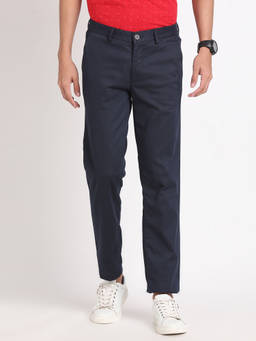 Turtle - Men Cotton Stretch Checks Slim Fit Navy Blue Casual Trouser