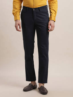 Turtle - Men Cotton Stretch Solid Regular Fit Navy Blue Casual Trouser