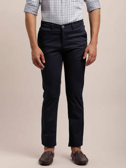 Turtle - Men Cotton Stretch Solid Slim Fit Navy Blue Casual Trouser