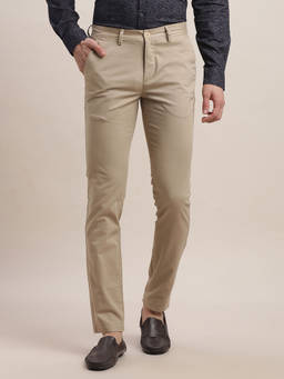 Turtle - Men Cotton Stretch Textured Slim Fit Cream Casual Trouser