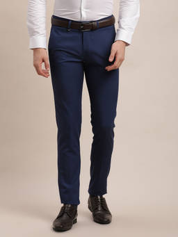 Turtle - Men Cotton Viscose Checkered Slim Fit Blue Formal Trouser