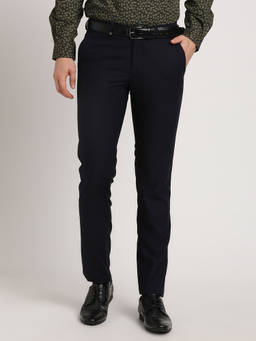 Turtle - Men Viscose Checkered Slim Fit Navy Blue Formal Trouser
