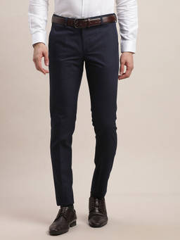 Turtle - Men Cotton Viscose Checkered Slim Fit Navy Blue Formal Trouser