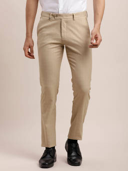 Turtle - Men Poly Viscose Stretch Checkered Regular Fit Cream Formal Trouser