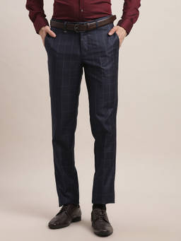 Turtle - Men Terry Rayon Checkered Slim Fit Blue Formal Trouser