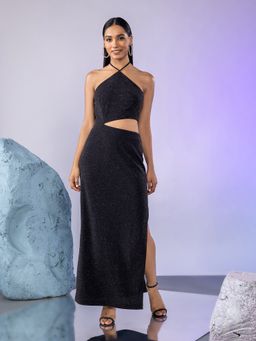 Twenty Dresses by Nykaa Fashion - Black Shimmer Halter Neck Sheath Maxi Dress