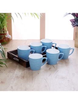 Ceradeco - CDI Blue & White 6 Textured Ceramic Matte Cups With Wooden Tray