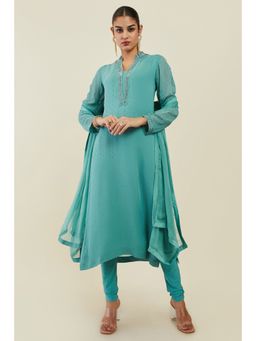 Soch - Turquoise Georgette Stone Embellished Kurta with Churidar and Dupatta (Set of 3)